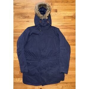 Vintage L.L. Bean Mens Goose Down Parka Navy Coat Fur Hood Size Large Tall